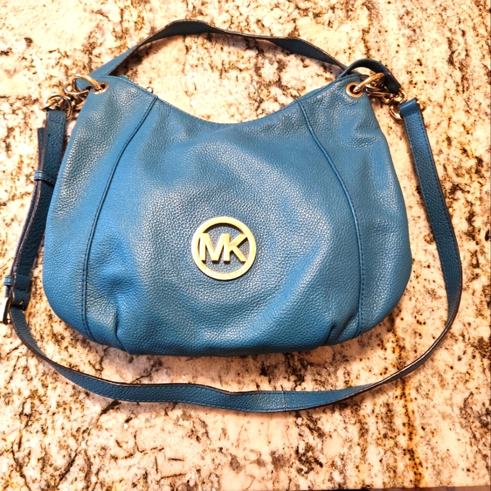 MICHAEL MK Handbag Teal Leather Crossbody, Shoulder Bag Gold Tone Blue Green GUC